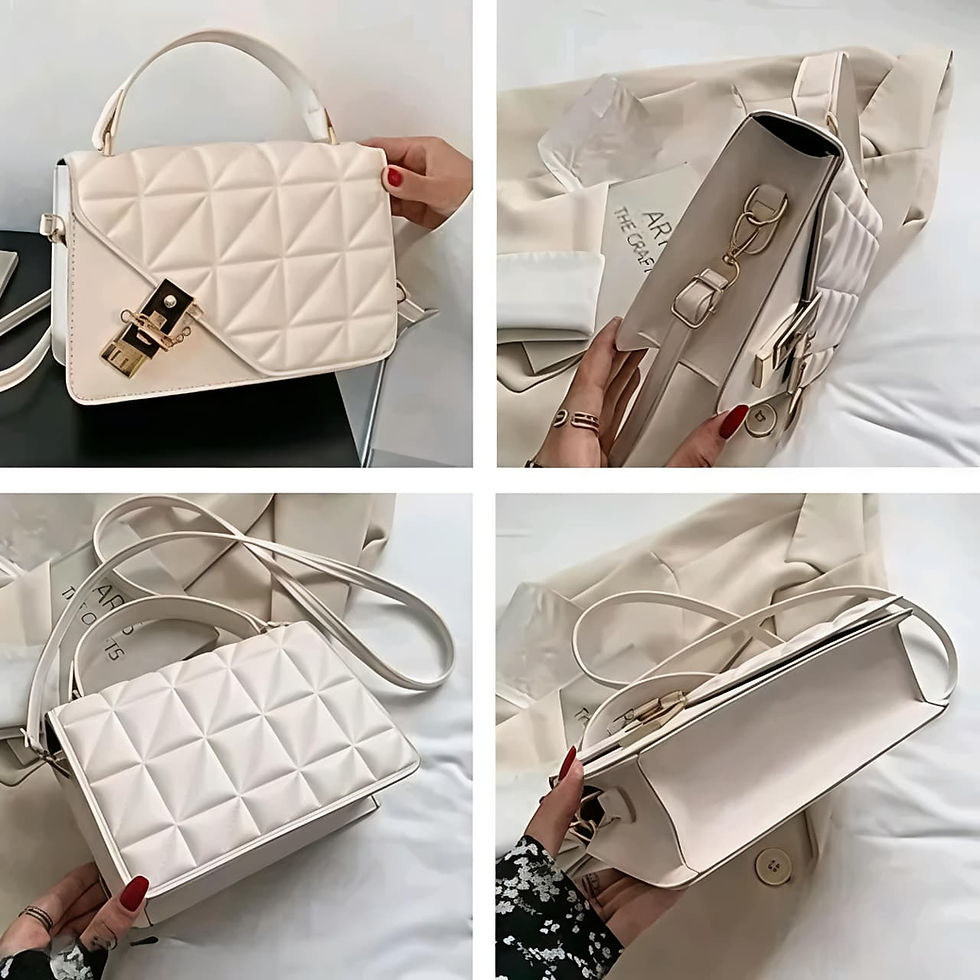 Thumbnail: Cream quilted handbag with gold clasp, shown from multiple angles