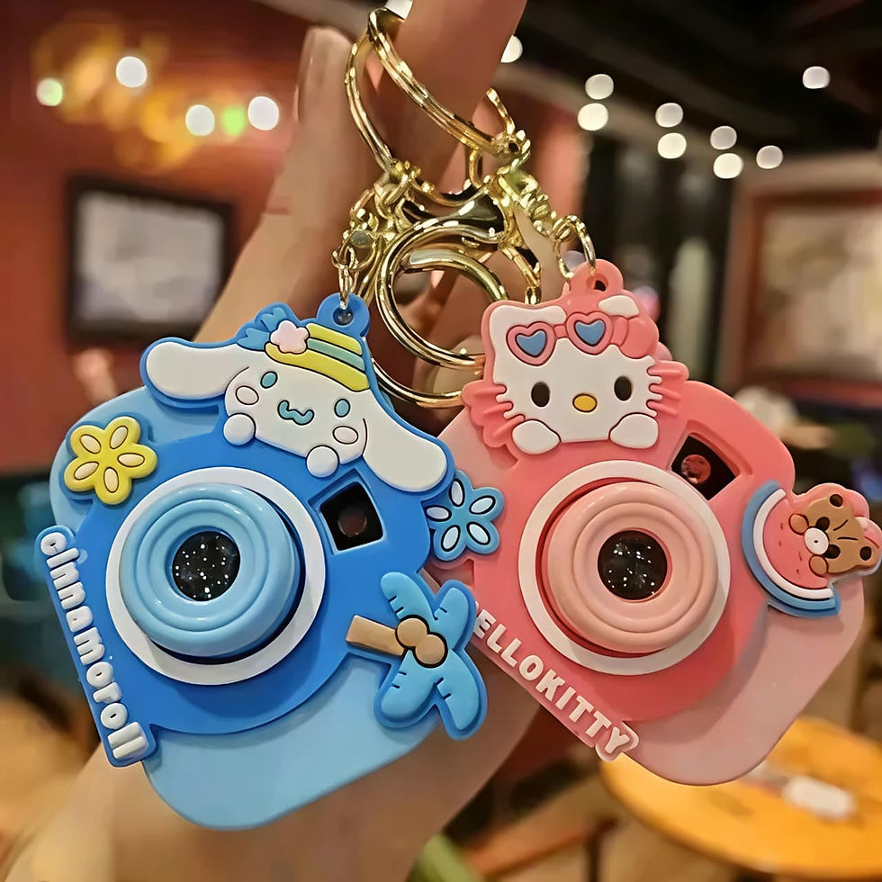 Blue Cinnamoroll and pink Hello Kitty camera keychains