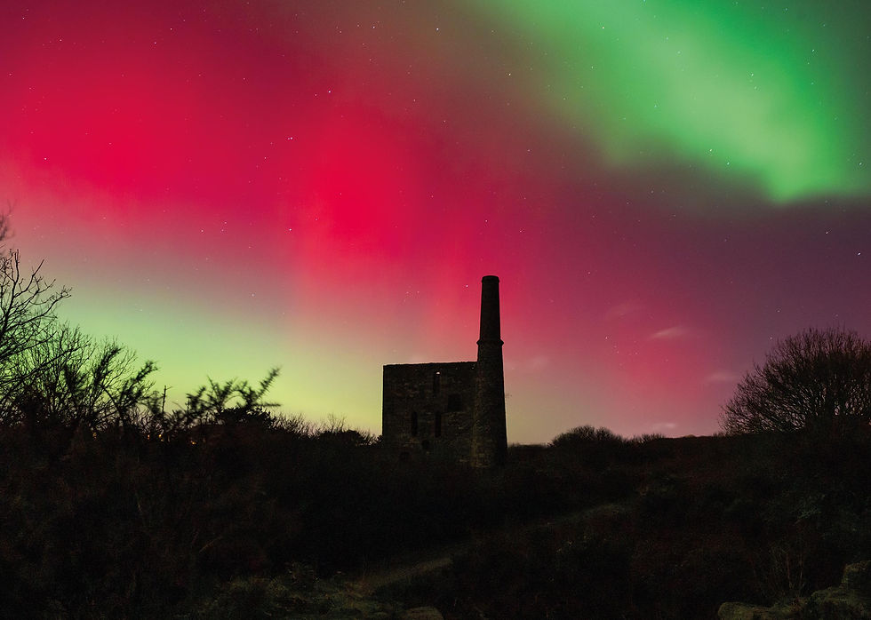 Red and Green Aurora Borealis over Cornish Engine House Greeting Card