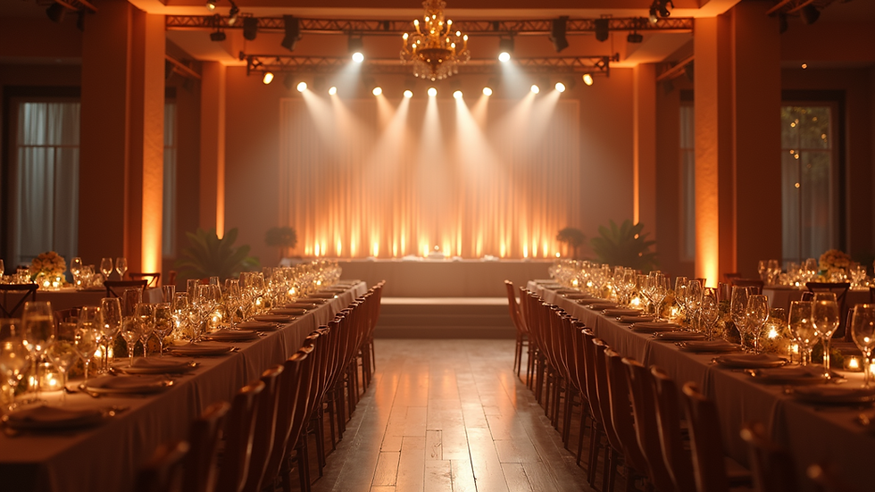 Eye-level view of a wedding reception venue with tables and a stage