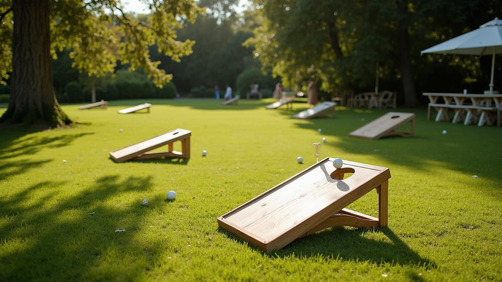 High angle view of outdoor lawn games set up for wedding guests