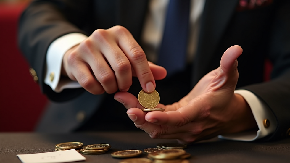 Close-up view of magician performing a coin trick at a corporate event