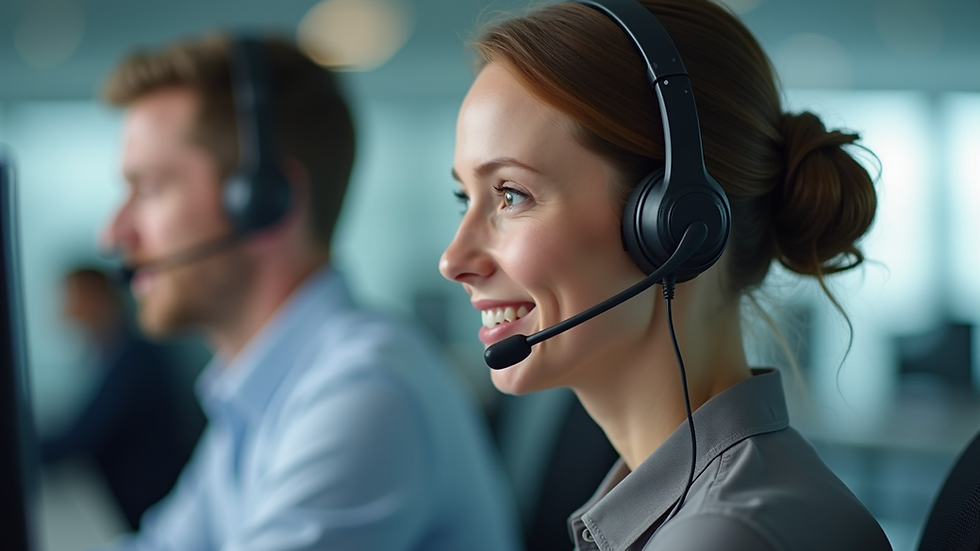 Close-up view of a customer service representative at a headset in a contact center