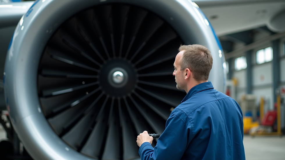 Eye-level view of an Aviation Maintenance Technician working on an aircraft engine