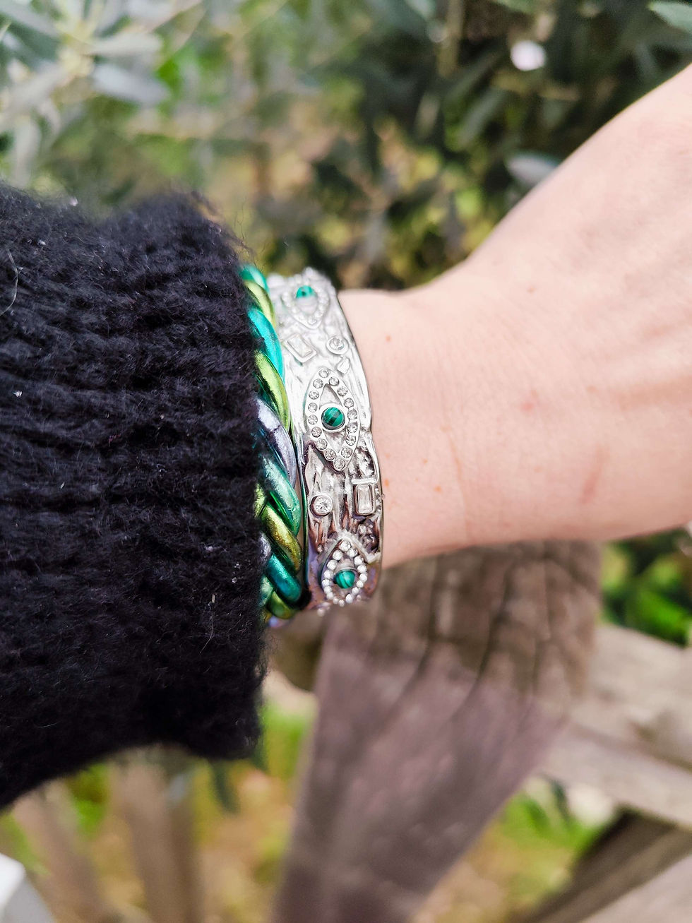Miniature : Jonc acier inoxydable talisman oeil malachite 