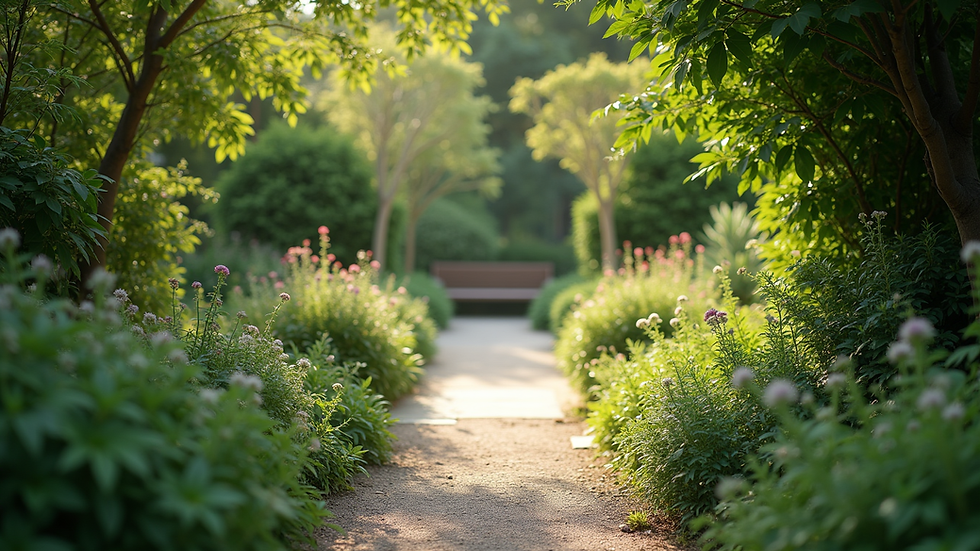 high angle view of a peaceful garden path surrounded by lush greenery