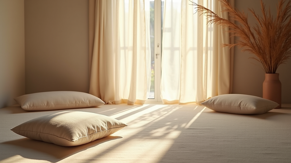 close-up view of a meditation corner with cushions and soft natural light