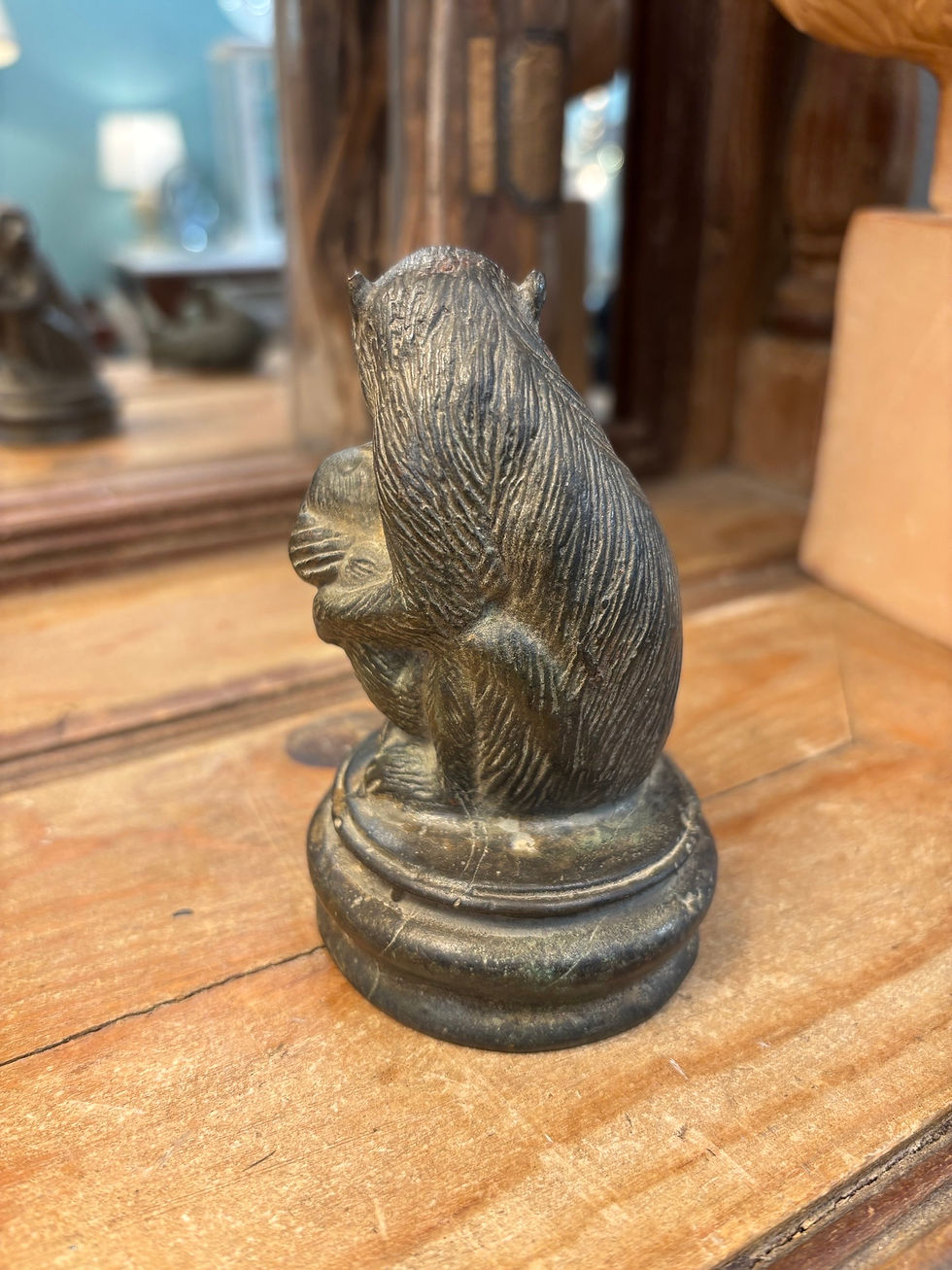Miniature : Ancien sujet statue bronze animalier le singe et son petit