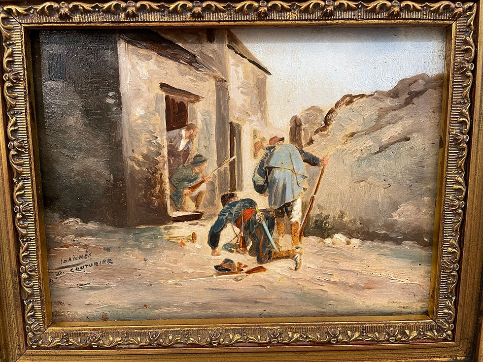 Miniature : Ancien Petit Tableau Huile Sur Panneau d'Acajou : l'Embuscade Fin Du XIX ème