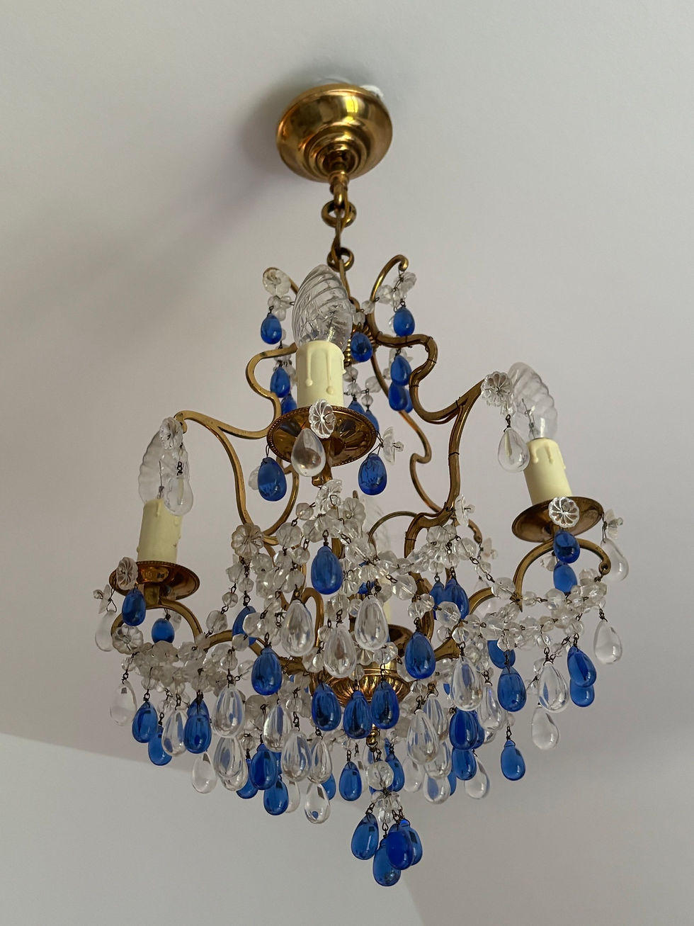 Miniature : Ancien lustre cage à pendeloques et pampilles bleues vers 1900 petit format