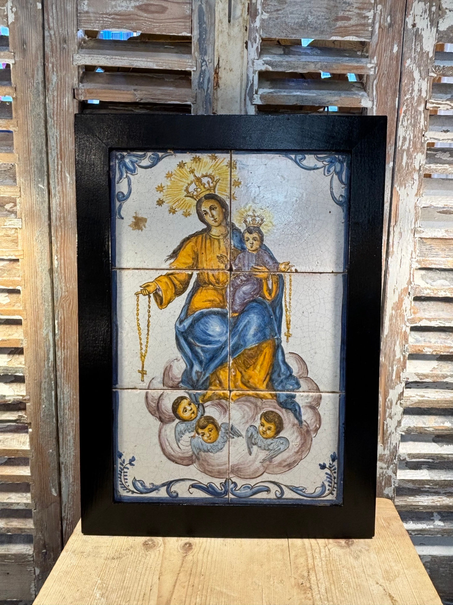 Ancien panneau en faience scene biblique vierge à l'enfant fin XIX eme