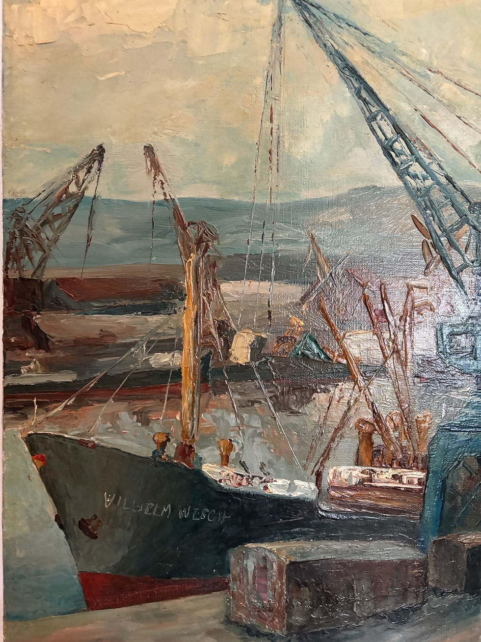 Miniature : Ancien tableau Marine Huile sur toile Rouen et son port vers 1950