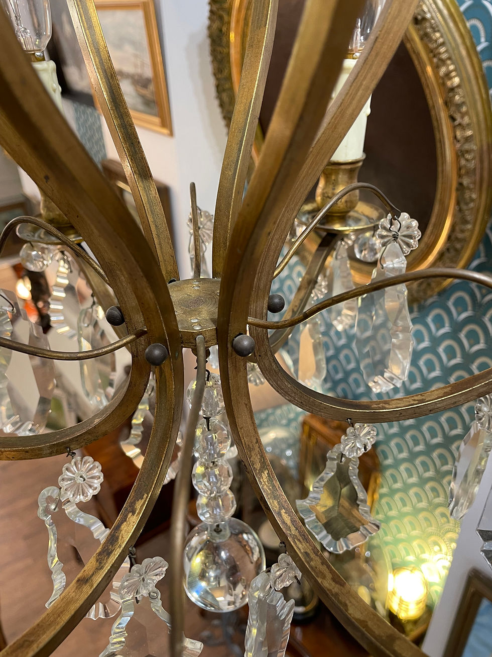 Miniature : Ancien lustre à pampilles en bronze , lustre cage, 6 feux , début du XX eme