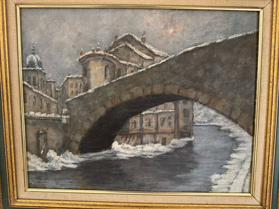 Miniature : Ancien tableau un pont dans la Vienne en hiver par S Morel vers 1920