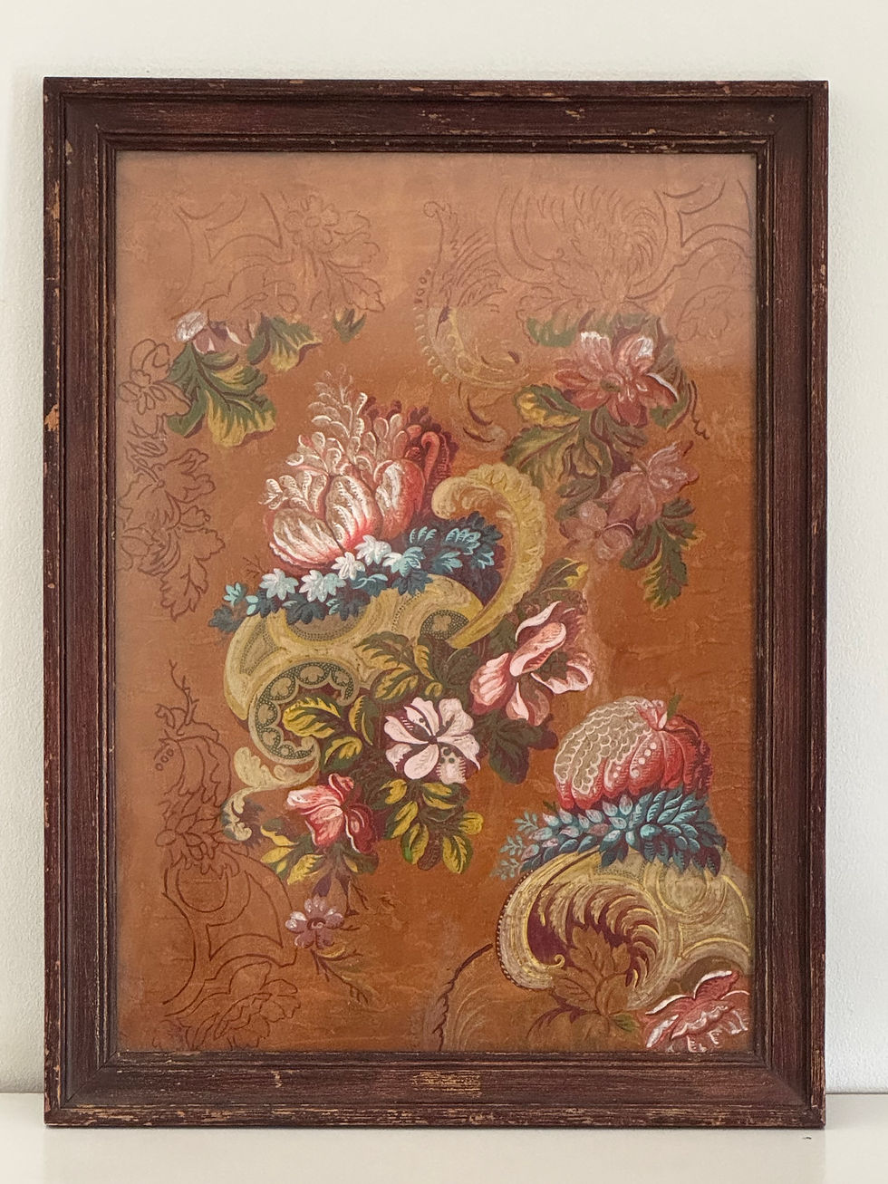 Miniature : Ancienne gouache florale sur papier Huilé XVIII eme collection Le Manach