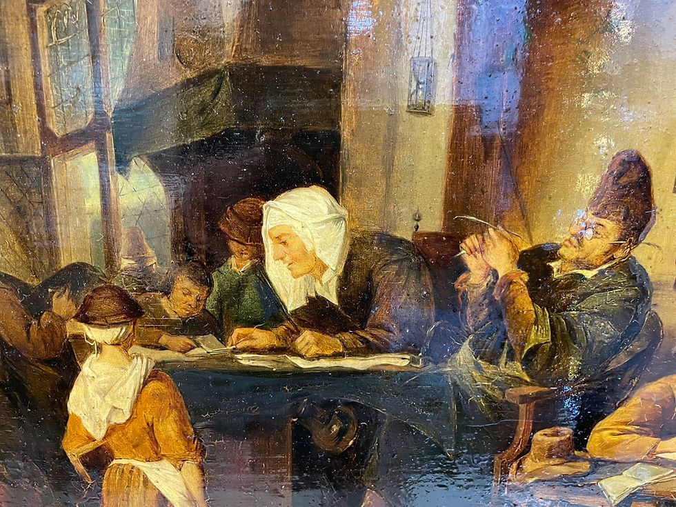 Miniature : Grand et ancien tableau sur panneau HSP école flamande : l'école