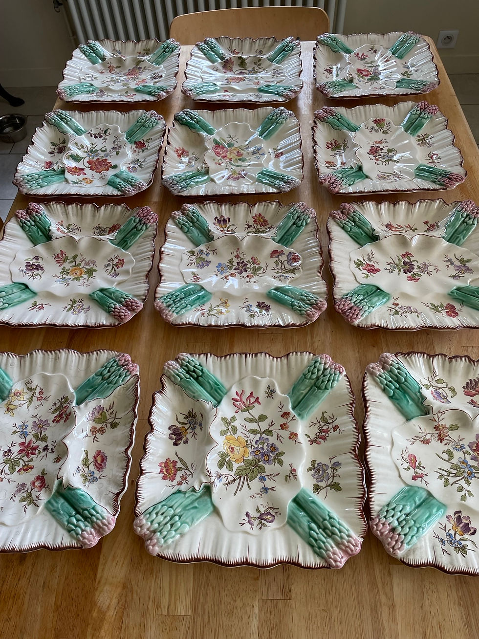 Ancien servcice à asperge 12 assiettes de Longchamps terre de fer art nouveau