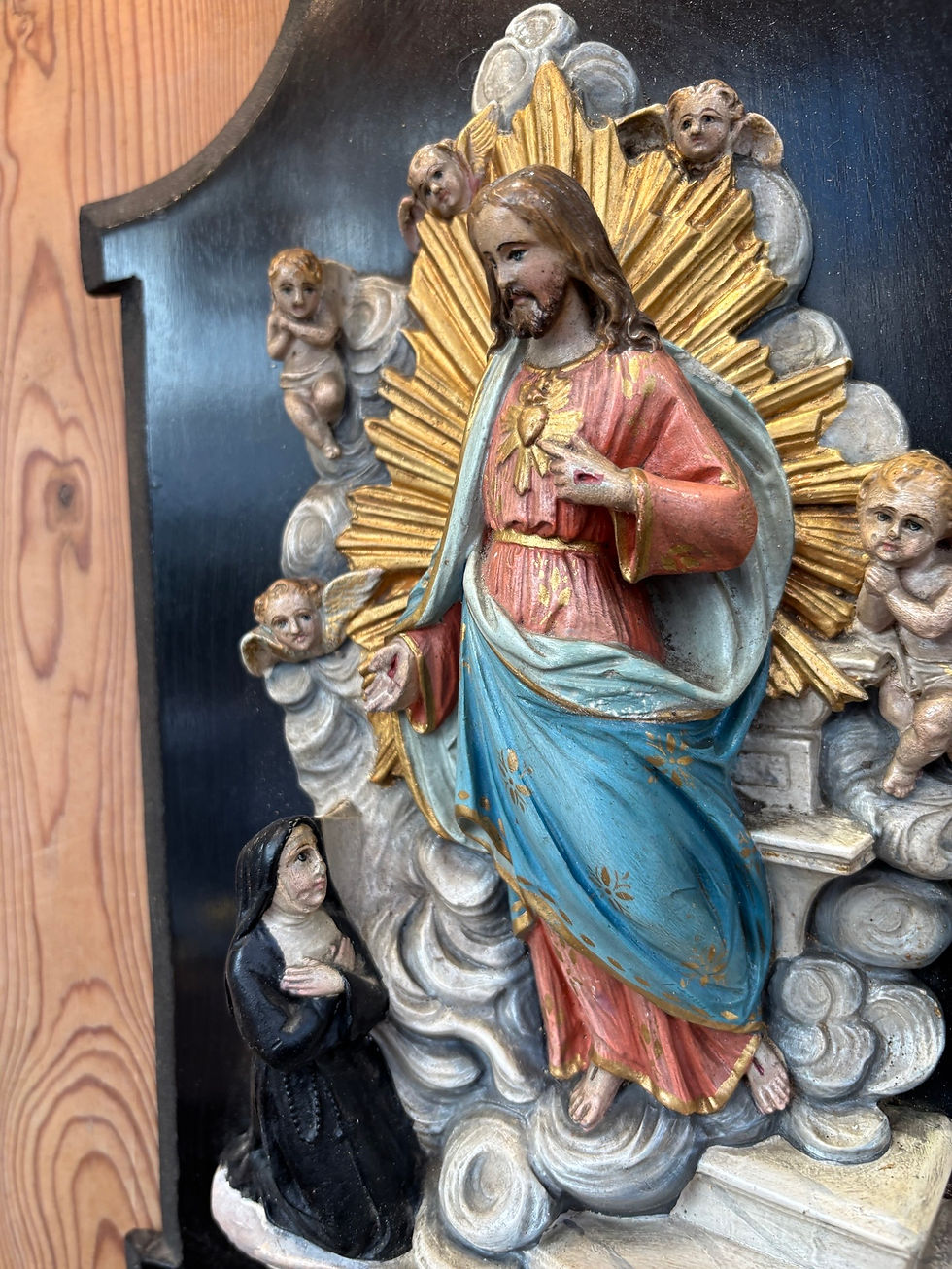 Miniature : Ancien et grand benitier en bois stuc polychrome epoque XIX eme