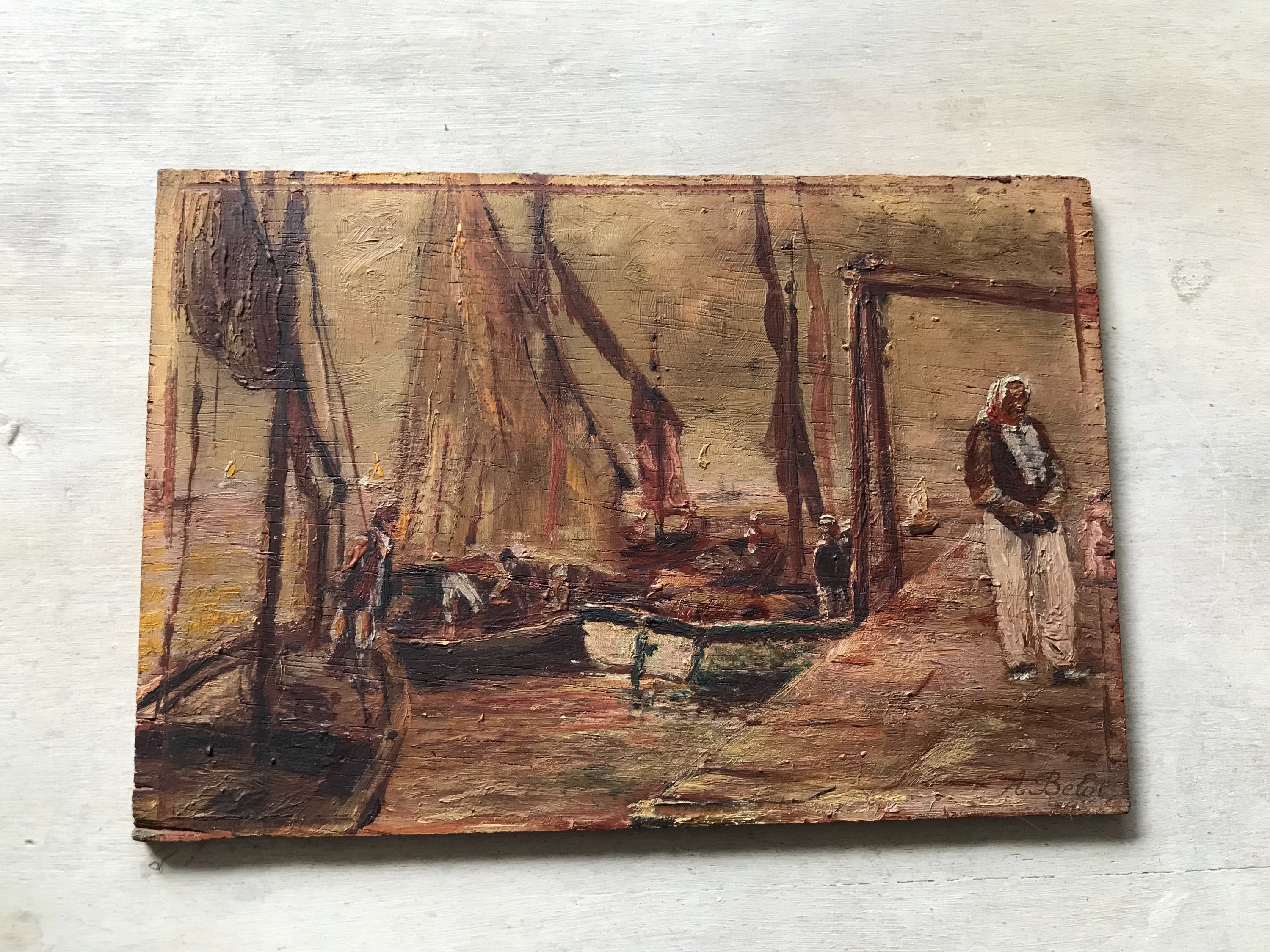 Petit tableau ancien marine sur panneau de bois début du XX ème siècle