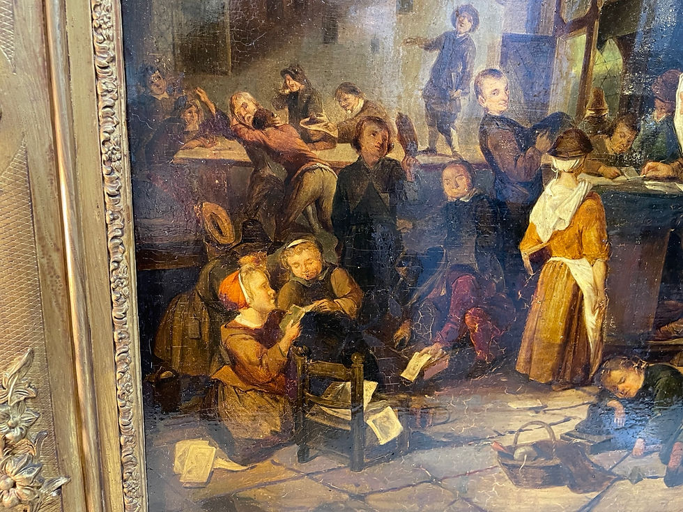 Miniature : Grand et ancien tableau sur panneau HSP école flamande : l'école