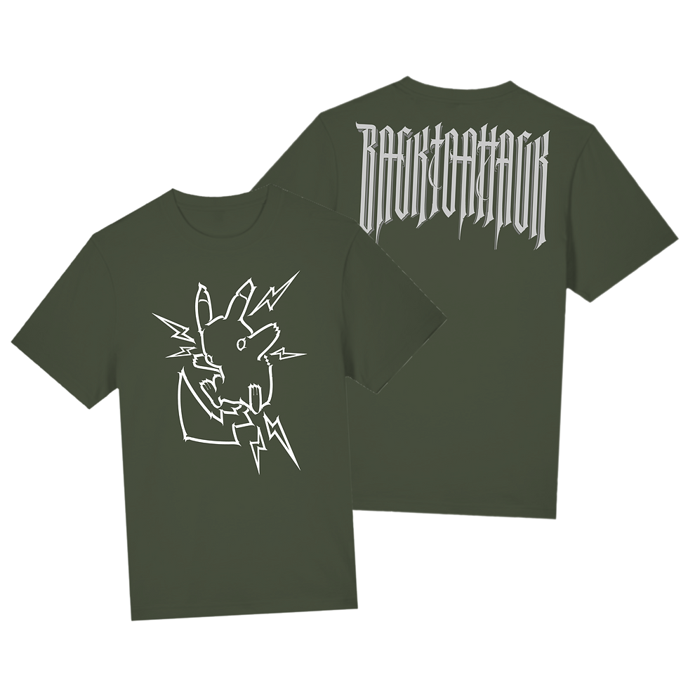 Miniaturbild: dst - Calligraphy pika tribute Shirt - pikachu art design frontprint und Back to Attack calligraphy backprint - Olive