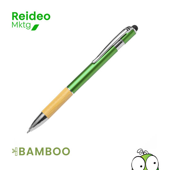 Elegante bolígrafo puntero de bambú y aluminio con mecanismo pulsador.