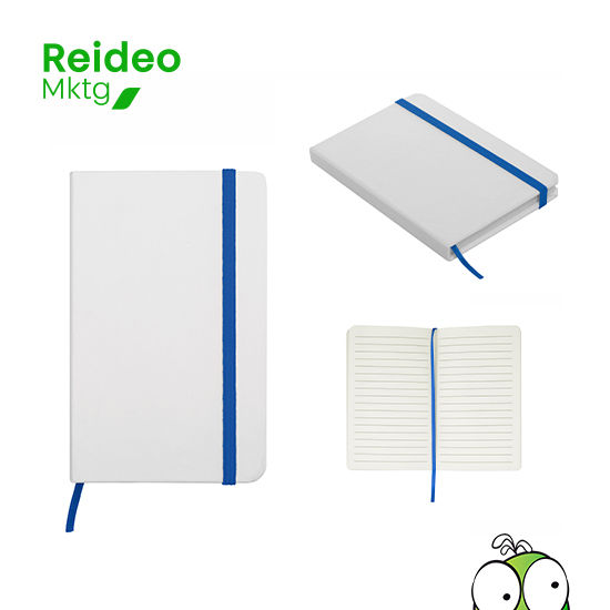 Libreta de tapa dura color blanco. Contiene 80 hojas rayadas, señalador y cierra con banda elástica del mismo color.