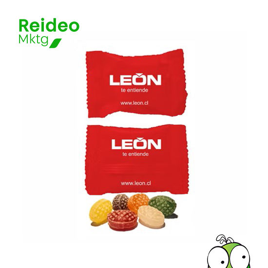 Sachet normal de 5 cm. alto x 7,5 cm. ancho con logotipo cliente, con 1 caramelo Fruta Surtida.