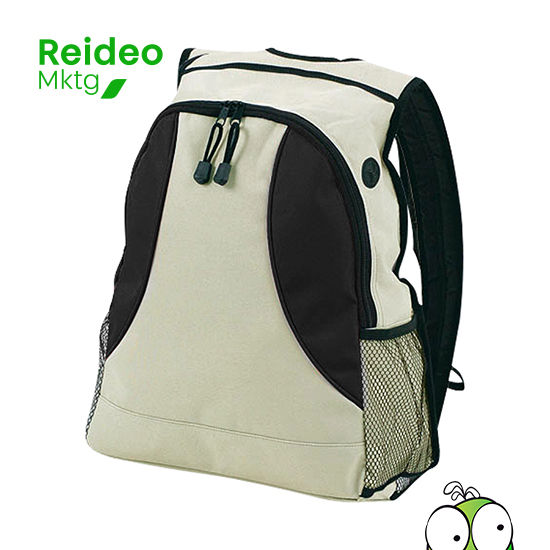 Mochila bicolor modelo "Zeus" en tela raquelada poliester 600D. Con cintas acolchadas y salida para auriculares.