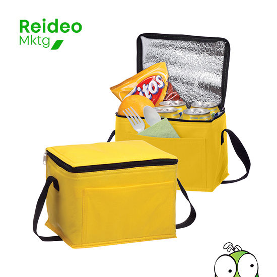 Cooler-Lonchera con bolsillo delantero, en tela no tejida (TNT) de 80g/m2. Interior en tela PVC metalizado aislante.