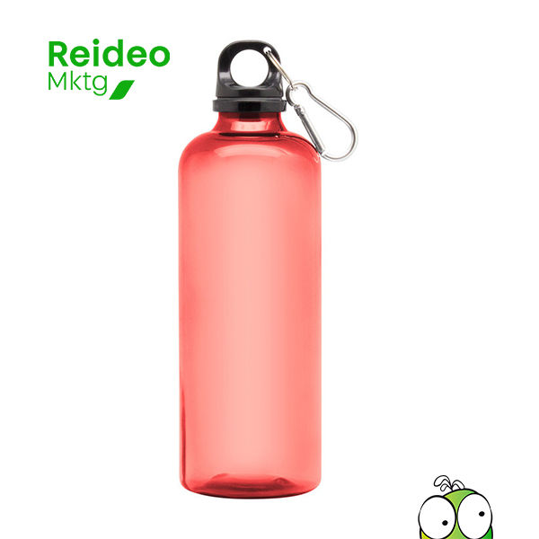 Material PET. Botella plástica de colores translúcidos. Tapa a rosca en color negro con anillo de silicona y mosquetón