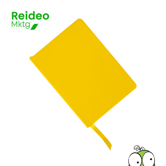 Cuaderno tamaño A5, con cubierta de PU eco-cuero de 2mm de espesor y lomo pintado de color al tono.