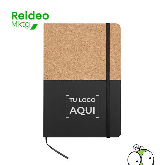 Cuaderno de símil corcho y PU con detalle de costura. 80 hojas con renglones punteados, señalador de tela y elástico de color