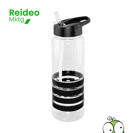 Botella deportiva, caramayola modelo «Tritan», de plástico rígido traslúcido Tritan con 4 anillos de silicona de color.