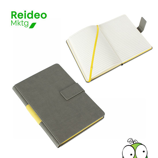 Cuaderno tamaño A5, con tapas duras forradas en PU gris, con cierre hebilla imantada, con 96 hojas amarillas lineadas de 80 g