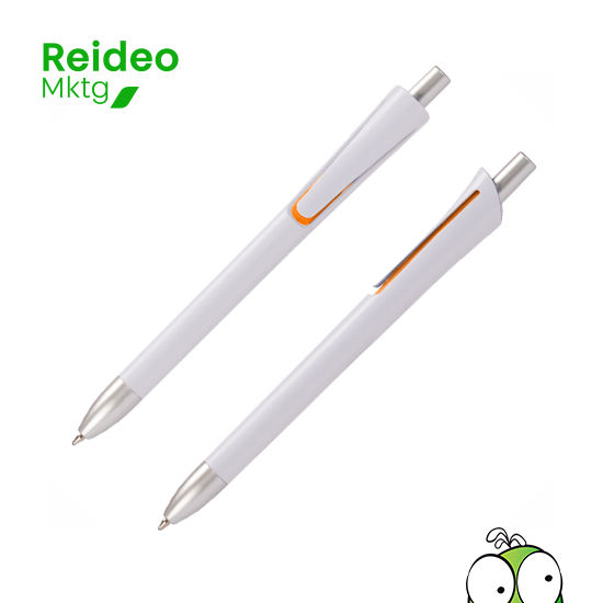 Bolígrafo plástico con cuerpo blanco mate, terminales plateados y detalle bajo el clip de color.  Escritura azul.