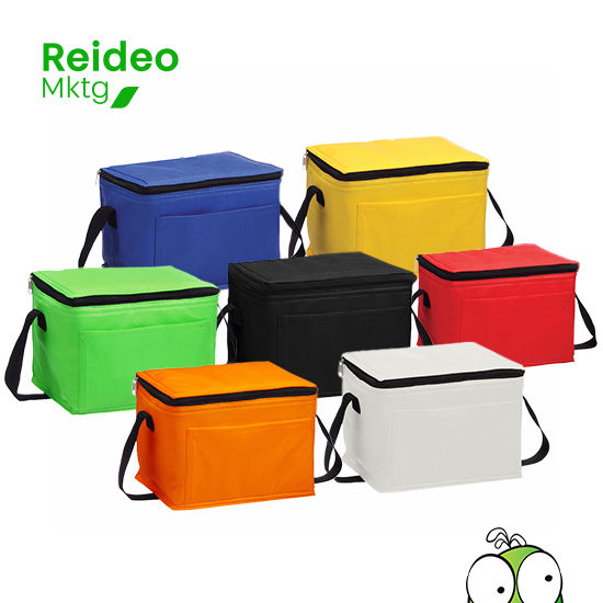 Cooler-Lonchera con bolsillo delantero, en tela no tejida (TNT) de 80g/m2. Interior en tela PVC metalizado aislante.