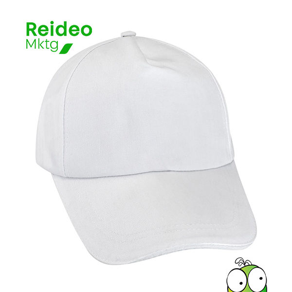 Gorro tipo Jockey 5 paneles en tela Poliéster 210D/PU para Sublimación. Panel frontal liso con amplia área para impresión.
