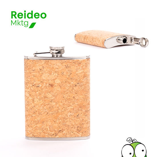 Petaca Licorera de Acero Inoxidable SS304, modelo «CORK», con cubierta de corcho natural. Capacidad 8 oz (237 ml).