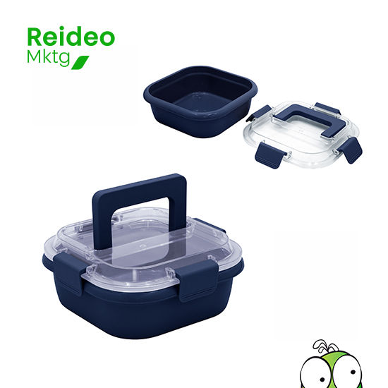 Lonchera con tapa translúcida con cuatro clips de cierre hermético y asa para trasladar cómodamente.