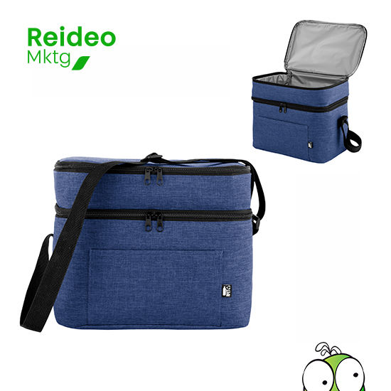 Bolso térmico (Cooler) de dos pisos. Cierres perimetrales bidireccionales. Correa regulable con hebillas plásticas.