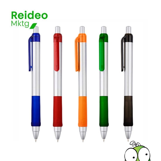 Bolígrafo plástico "Praxis" con cuerpo plateado, grip y clip de color traslúcido. Escritura azul.