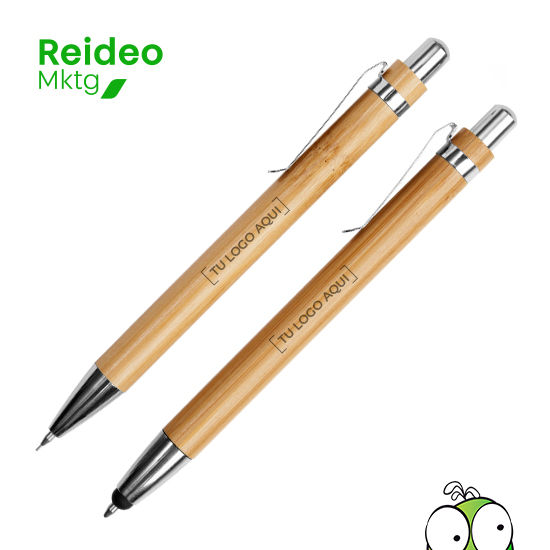 Bambú. Set de bolígrafo y lápiz mecánico. Cuerpo de madera. Clip metálico. Punta y pulsador de plástico.