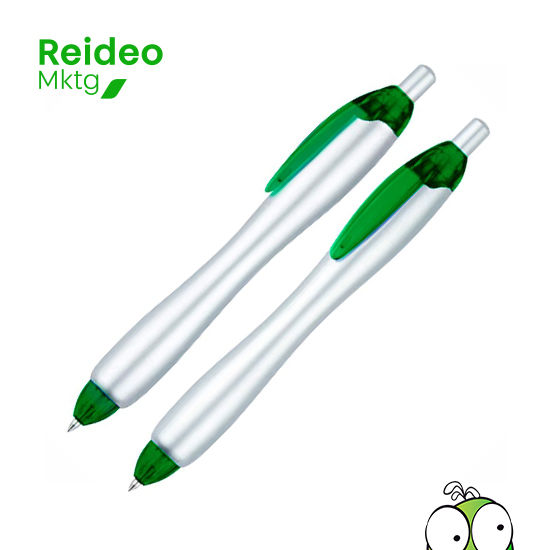 Bolígrafo plástico "Gordito Silver" con cuerpo plateado opaco y terminales de color translúcido.