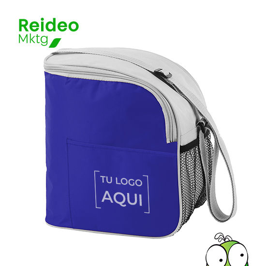 Polyester 420D. Lonchera con cierre, 2 bolsillos exteriores. Interior con foil de aluminio. Correa regulable.