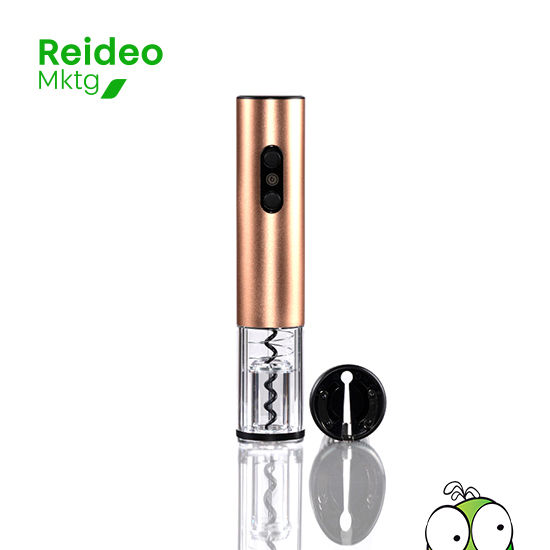 Deluxe descorchador eléctrico con cargador USB/Micro-USB, materialidad plástico ABS translúcido + aluminio encobrizado.