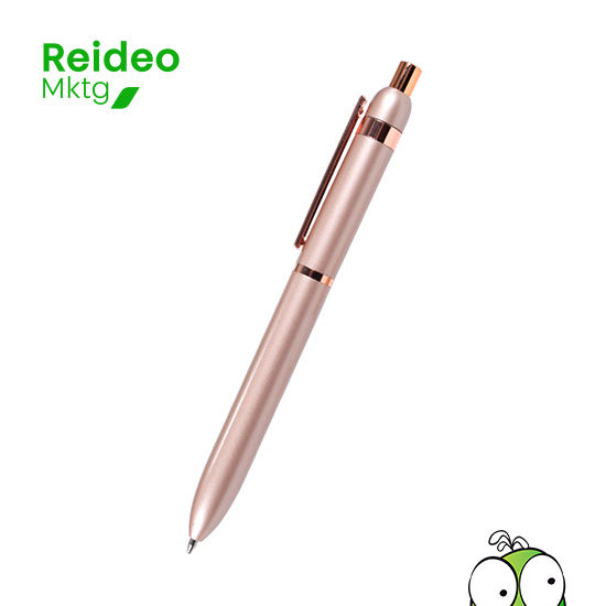 Bolígrafo metálico «EIBAR», con cuerpo encobrizado mate y terminales brillantes. Escritura azul.