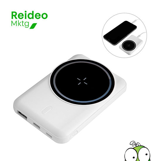 Powerbank inalámbrico con aro magnético y soporte de anillo. Color blanco mate y negro brillante