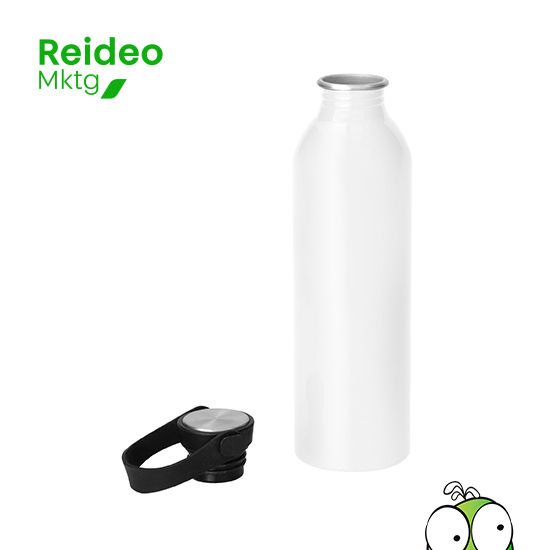 Botella de aluminio con acabado brillante. Tapa a rosca de acero inoxidable 201 y PP, con tira de silicona color negro.