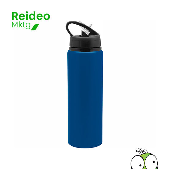 Botella de aluminio con manija de agarre en la tapa y sorbete plástico. Tapa a rosca de plástico.